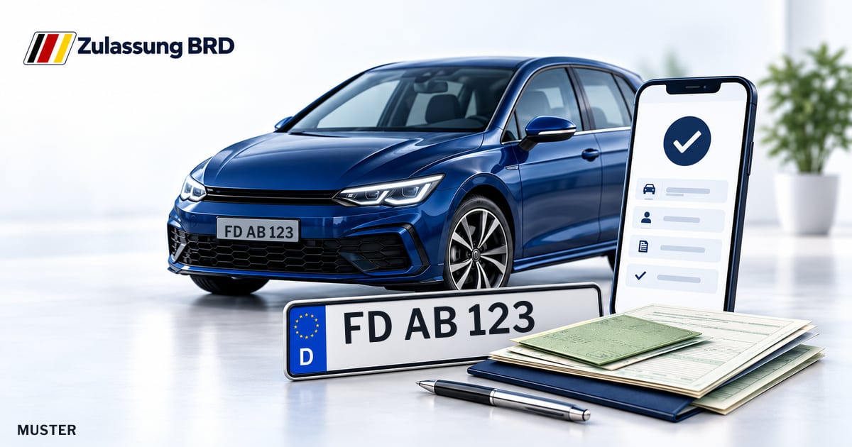 Online Fahrzeugzulassung in Flieden: Musterkennzeichen FD AB 123, Auto und Fahrzeugpapiere und Smartphone. Illustration mit Logo von Zulassung BRD.